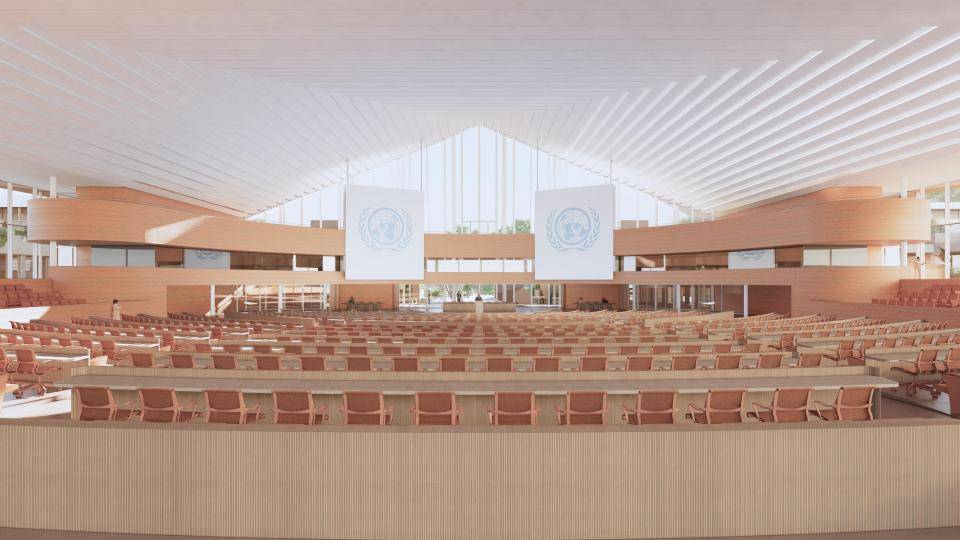 A render of the proposed assembly hall for UNON (UN Nairobi) seating over 1000 delegates