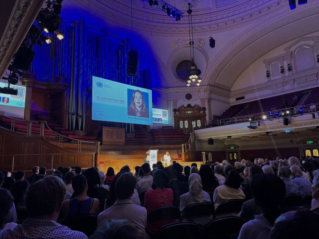 María Fernanda Espinosa, one of the four UN Secretary-General candidates, featured on stage at the hustings event.
